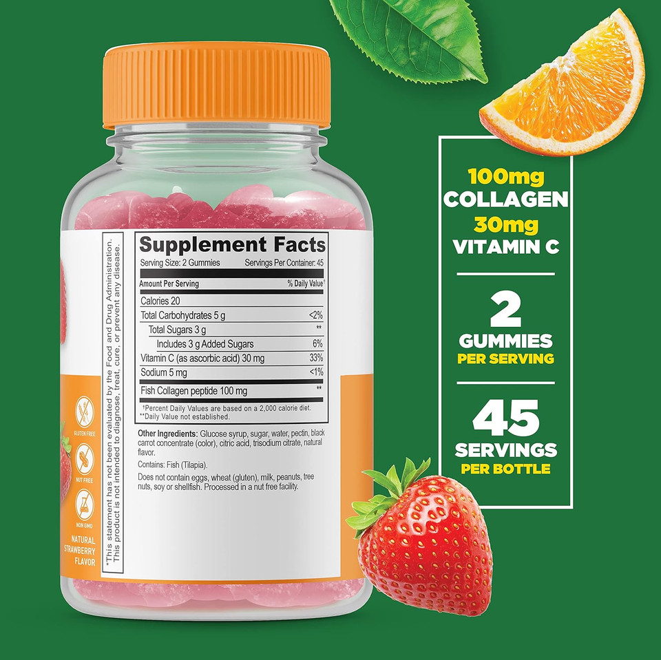 Lifeable Collagen Peptides 100Mg With Vitamin C - Great Tasting Natural Flavor Gummy Supplement - Gluten Free - For Joints, Hair Growth, Skin, And Nails - For Women, Men - 90 Gummies