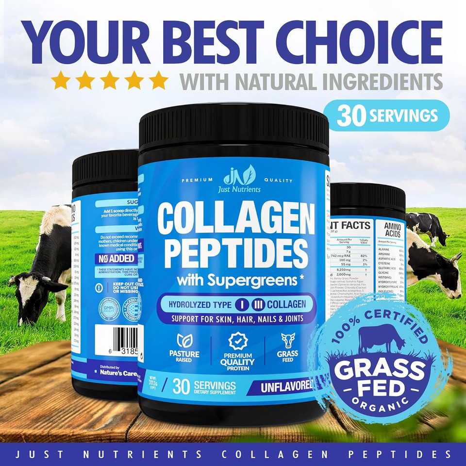 Collagen Peptides Powder With Super Greens - Hydrolyzed Collagen Type I & Iii For Hair, Skin, Nails & Joints  Superfoods, Digestive Enzymes, Grass-Fed, Non-Gmo, Unflavored - 30 Servings