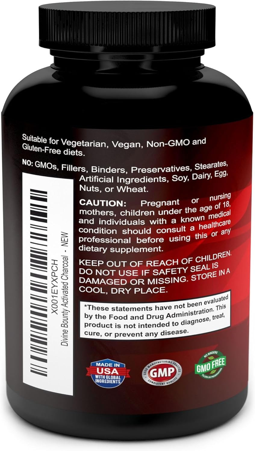 Divine Bounty Organic Activated Charcoal Capsules - 600Mg Coconut Charcoal Pills - 90 Veggie Caps