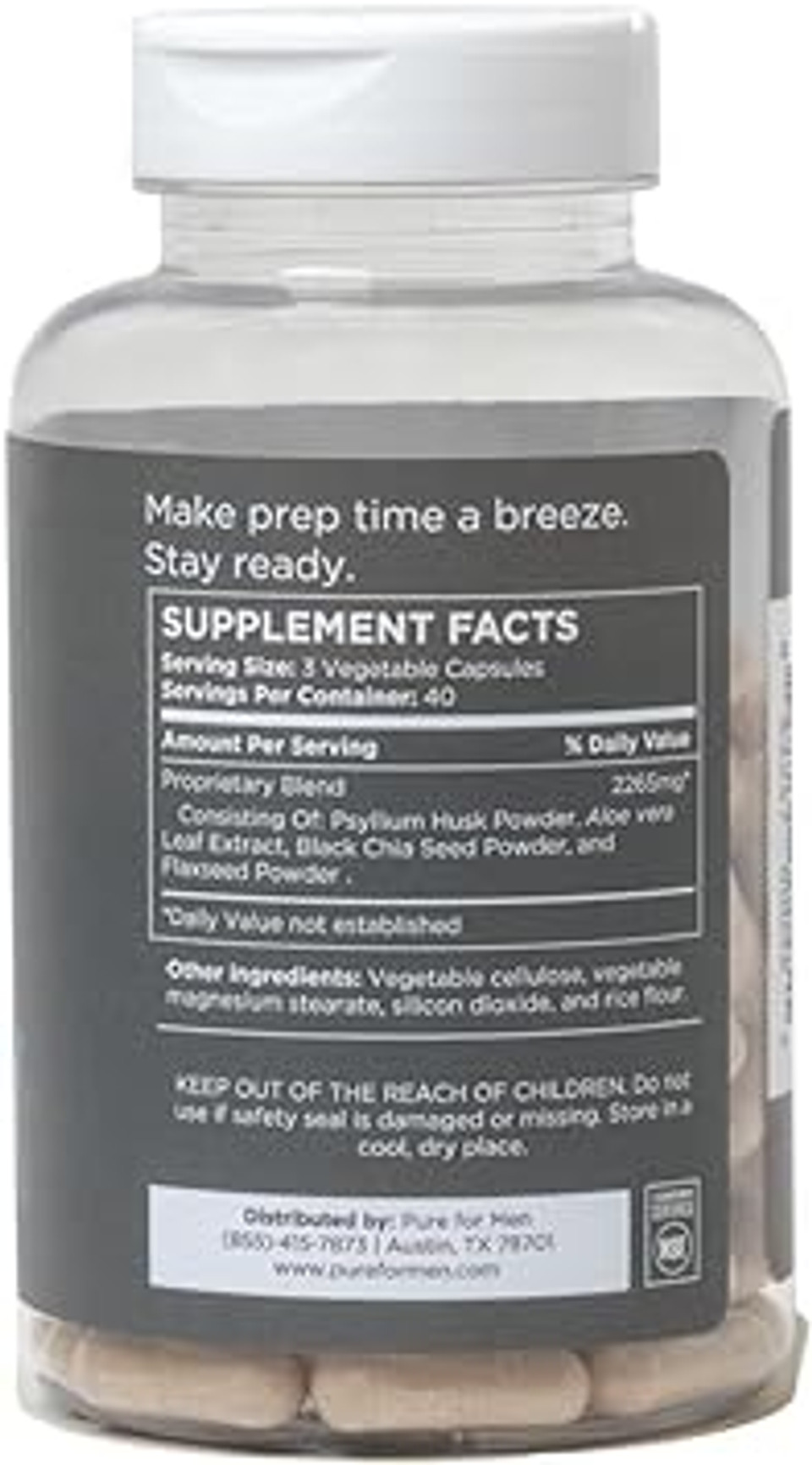 Pure For Men Original Vegan Cleanliness Stay Ready Fiber Supplement | Helps Promote Digestive Regularity | Psyllium Husk, Aloe Vera, Chia Seeds, Flaxseeds | Proprietary Formula | 120 Vegan Capsules