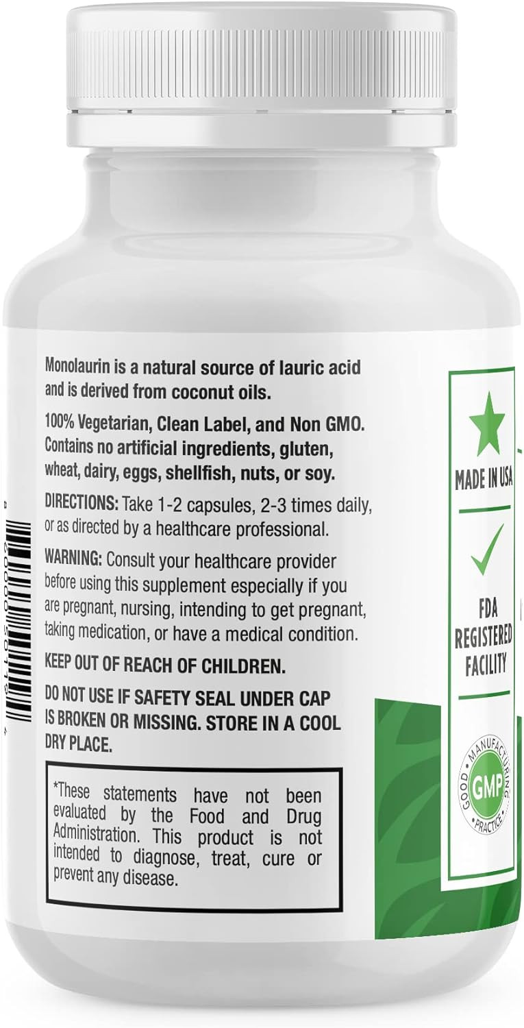 Newlife Naturals Monolaraurin Dietary Supplement - 625Mg Monolaurin Lauric Acid For Immune System And Digestive Health - 100 Vegetable Capsules