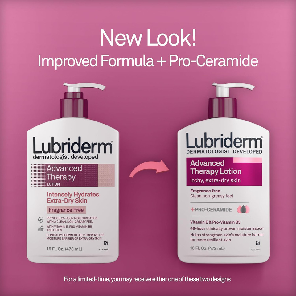 Lubriderm Advanced Therapy Fragrance Free Moisturizing Hand & Body Lotion + Pro-Ceramide With Vitamins E & Pro-Vitamin B5, Intense Hydration For Itchy, Extra Dry Skin, Non-Greasy, 16 Fl. Oz