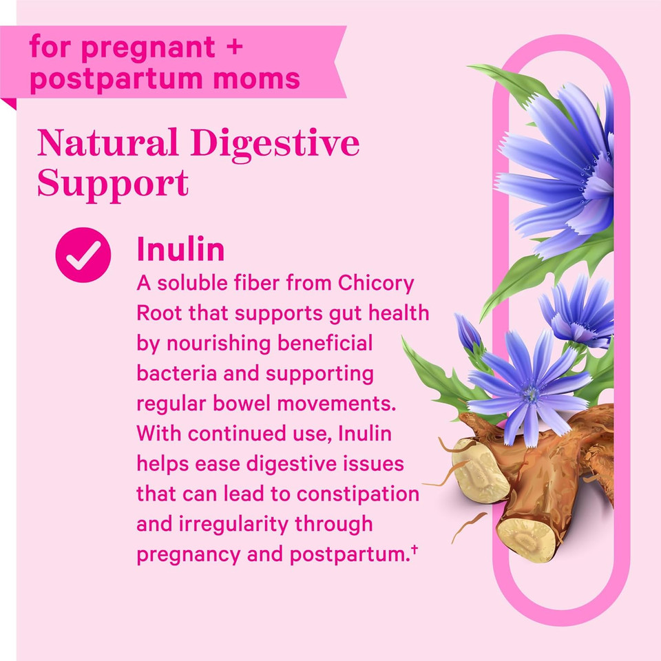 Pink Stork Prenatal Fiber Gummies For Women - 3G Prebiotic Inulin From Chicory Root - Natural Pregnancy & Postpartum Stool Softeners For Constipation & Digestive Health - 60 Vegan Fiber Chews