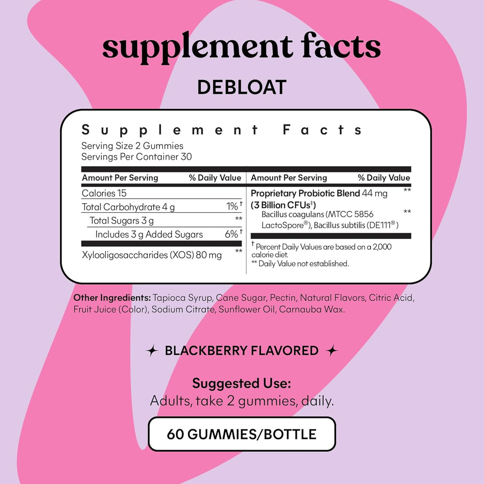Lemme Debloat - Digestive & Gut Health Gummies With 2 Clinically Studied Probiotics & Prebiotic, 3 Billion Cfus - Vegan, Gluten Free, Non Gmo, Blackberry Flavor (60 Count) (Pack Of 2)