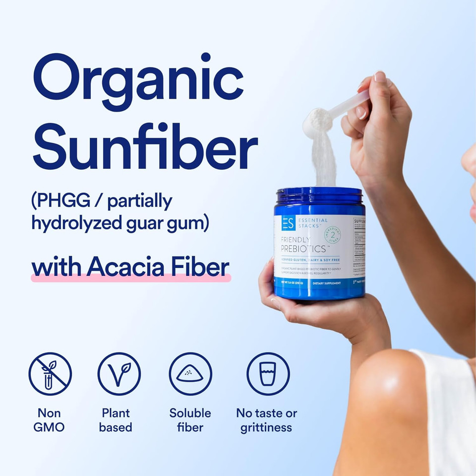 Essential Stacks Organic Sunfiber Prebiotic Fiber (Partially Hydrolyzed Guar Gum/Phgg) With Acacia Fiber Powder - Gluten Free, Non-Gmo & Unflavored Soluble Fiber (7.4 Oz)