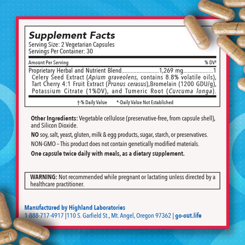 Go Out - Extra Strength Flare Up Support - Uric Acid Balance With Tart Cherry, Celery Seed, Turmeric - Non-Gmo, Gluten-Free - 60 Caps