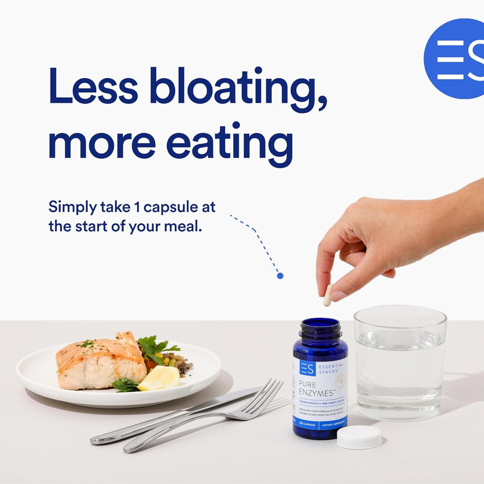 Essential Stacks Pure Digestive Enzymes (Gluten, Dairy & Soy Free) - 18 Enzymes For Digestion Incl. Amylase, Lipase & Lactase - Vegetarian & Non-Gmo (60 Capsules)