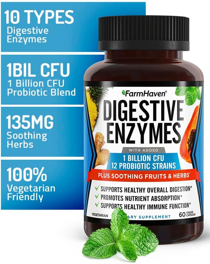 Farmhaven Digestive Enzymes With 18 Probiotics & Herbs | Papaya, Bromelain, Protease & More For Lactose Absorption & Better Digestion | Helps Bloating, Gas, Constipation | Vegetarian, 120 Capsules