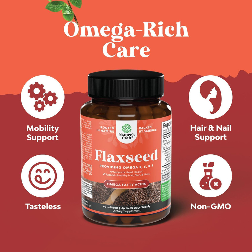 Omega Flaxseed Oil 1000Mg Per Serving Softgels - Flax Seed Oil Softgel For Brain Support Constipation And Cycle Support And Heart Health Supplement - Natural Omega 3 6 9 For Hair Skin And Nails