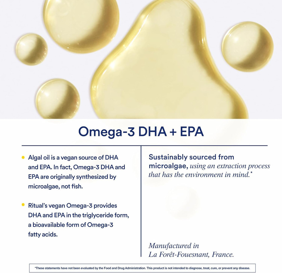 Ritual Omega 3 DHA & EPA - Vegan - Science-Backed Dose of DHA & EPA in 2:1 Ratio, Minimal Burp-Back, Sustainably Sourced Microalgae, 30 Day Serving