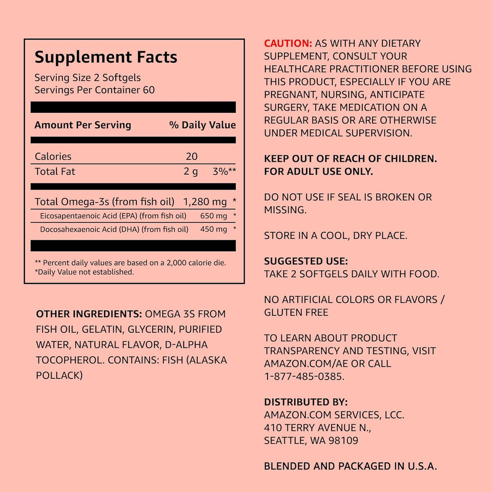 Amazon Elements Super Omega-3 With Natural Lemon Flavor, Epa & Dha Omega-3 Fatty Acids, 120 Count (1280 Mg Per Serving, 2 Softgels) (Packaging May Vary)