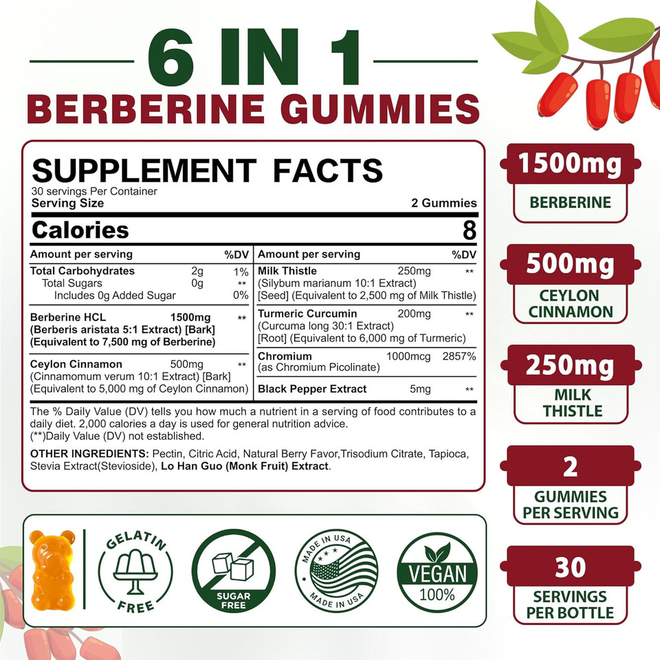 Berberine Supplement 1500mg, Sugar Free Berberine with Ceylon Cinnamon Gummies w/Chromium, Turmeric, Milk Thistle for Naturally Metabolism Balanced, Berberine HCl from Indian Barberry Extract, 60 Cts