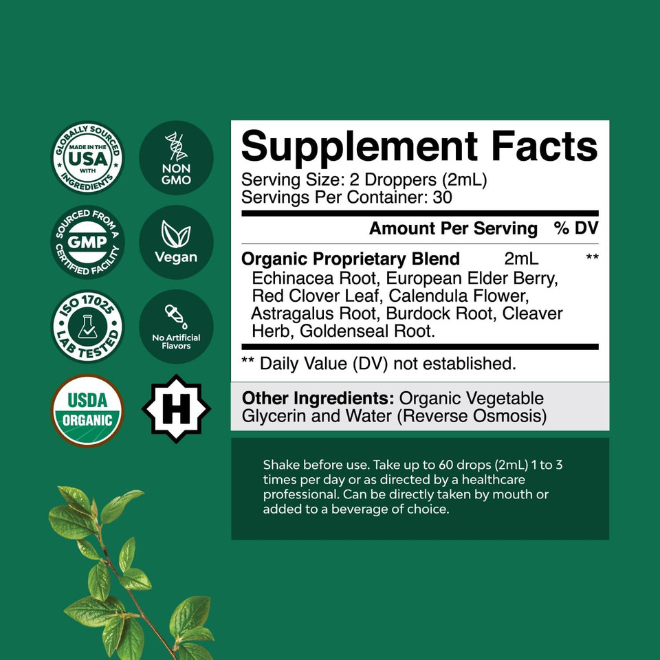 Certified Organic Lymphatic Drainage Drops - Herbal Lymphatic Cleanse And Immune Support Supplement With Echinacea Goldenseal & Red Clover Extract - Vegan Non Gmo Alcohol And Sugar Free - 30 Servings