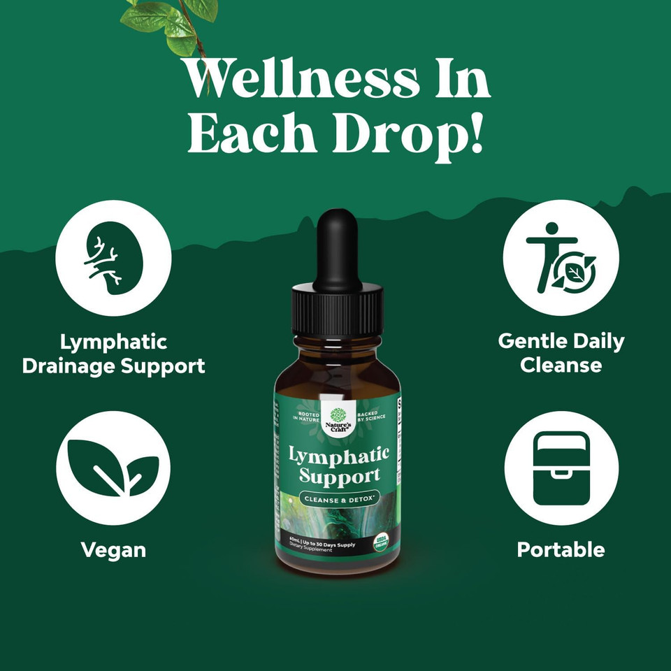 Certified Organic Lymphatic Drainage Drops - Herbal Lymphatic Cleanse And Immune Support Supplement With Echinacea Goldenseal & Red Clover Extract - Vegan Non Gmo Alcohol And Sugar Free - 30 Servings