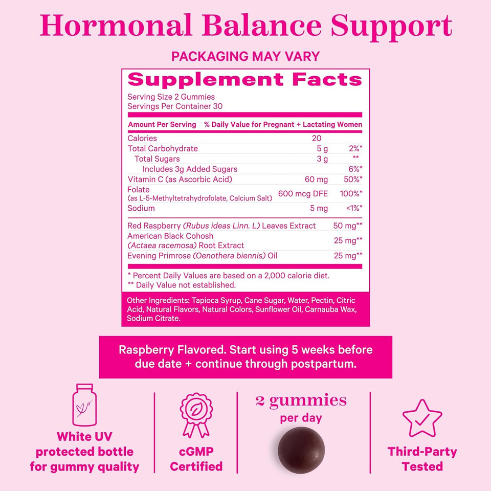 Pink Stork Red Raspberry Leaf Gummies - Evening Primrose Oil + Black Cohosh For Hormone Balance - Third Trimester Labor Prep + Postpartum Essentials - 60 Vegan Gummy Supplements, Non-Gmo