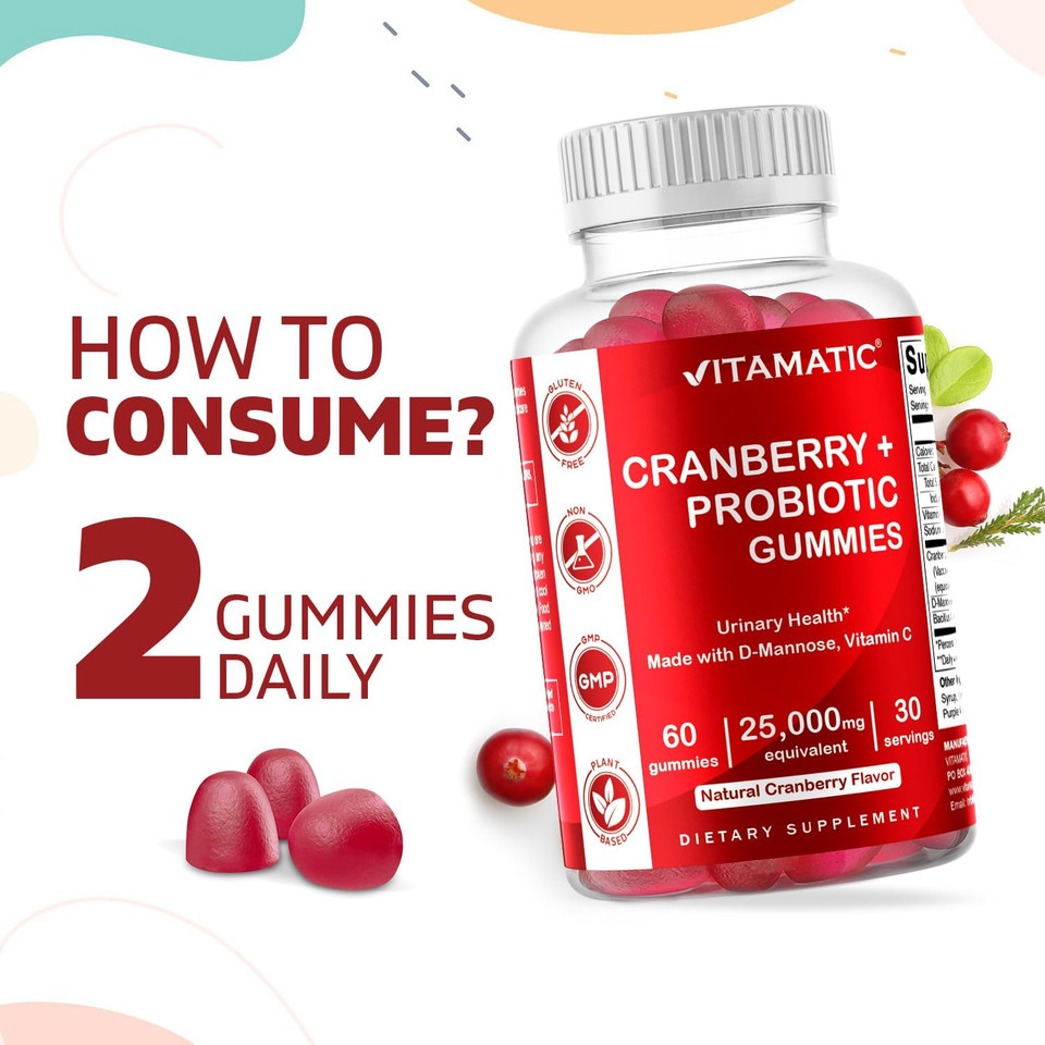 Vitamatic 2 Pack Vegan Cranberry Gummies, 25000 Per Serving - Made With Probiotics, D-Mannose & Vitamin C - 60 Count - Supports Healthy Urinary Tract Function - (Non-Gmo, Gluten Free)