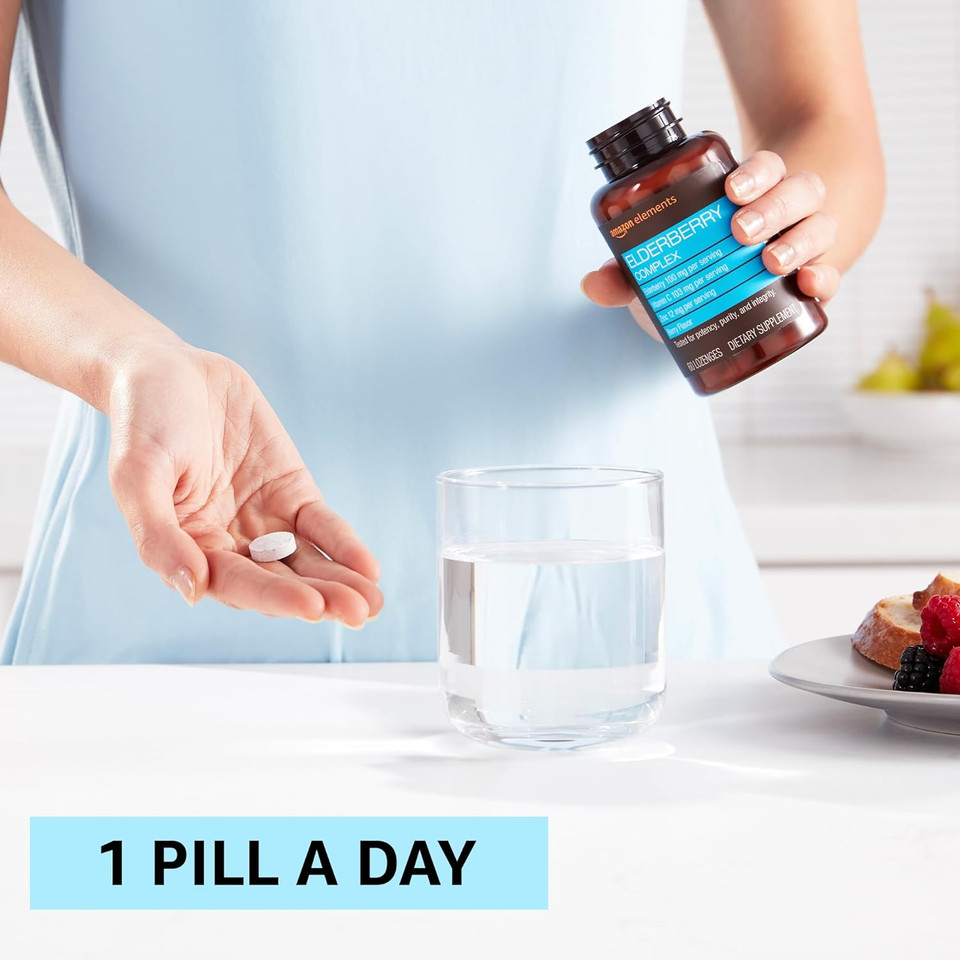 Amazon Elements Elderberry Complex, Immune System Support Tablet, Berry Flavored Lozenges, Adult, Unisex, 60 Count, Elderberry 100Mg, Vitamin C 103Mg, Zinc 12Mg Per Serving (Packaging May Vary)