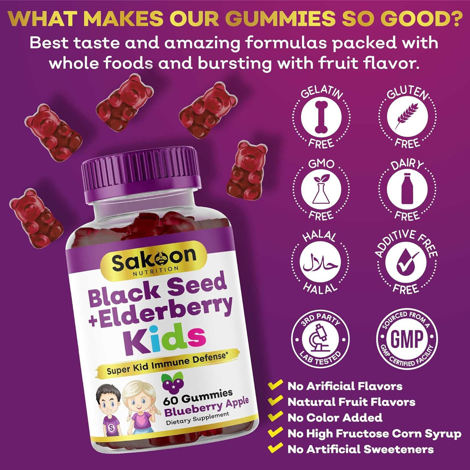 Sakoon nutrition Elderberry & Black Seed Oil Gummies for Kids, Immune Support Gummies, with Vitamin C and Zinc, Delicious Berry Flavor, 60 Gummies