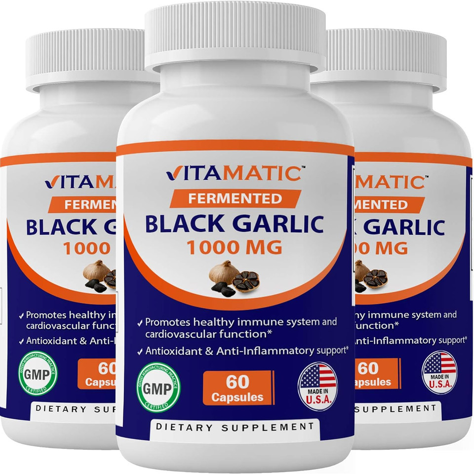 Vitamatic 3 Pack Fermented Black Garlic Extract 1000 Mg 60 Capsules - Non-Gmo, Gluten Free - Antioxidant And Cholesterol Support (Total 180 Capsules)