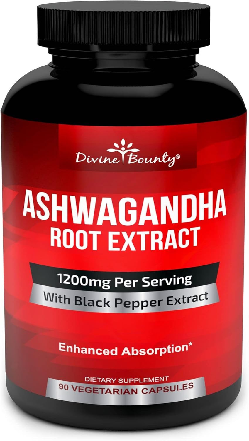 Divine Bounty Organic Ashwagandha Capsules - 1200Mg Ashwagandha Powder With Black Pepper For Enhanced Absorption - Ashwaganda Supplement For Calmness & Mood Support - 90 Veggie Capsules
