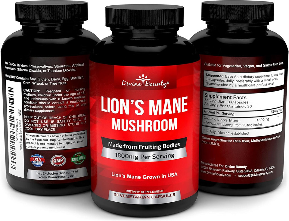 Organic Lions Mane Mushroom Capsules - 1800Mg Strongest Lion'S Mane Mushroom Supplement - Non-Gmo Lions Mane Extract Powder - Nootropic Brain Supplement - Brain & Immune Support - 90 Vegetarian Caps