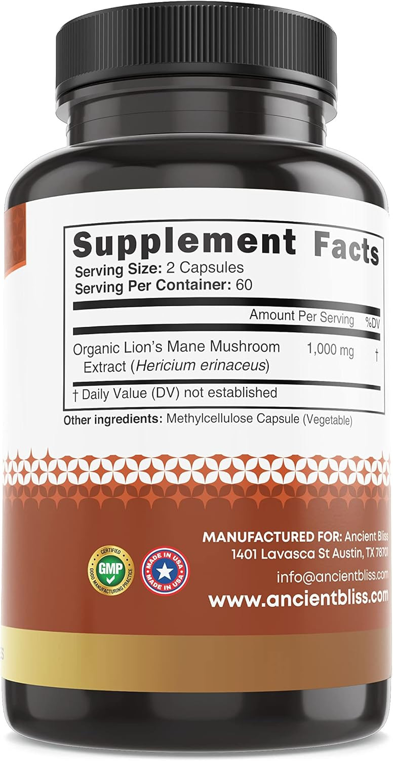 Ancient Bliss Lion'S Mane Supplement (2 Month Supply)- 120 Vegan Mushroom Capsules- May Supports Mental Clarity, Energy & May Focus- Memory & Immune Support Mushroom Supplement