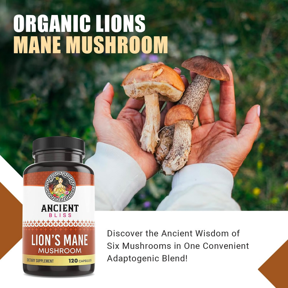 Ancient Bliss Lion'S Mane Supplement (2 Month Supply)- 120 Vegan Mushroom Capsules- May Supports Mental Clarity, Energy & May Focus- Memory & Immune Support Mushroom Supplement