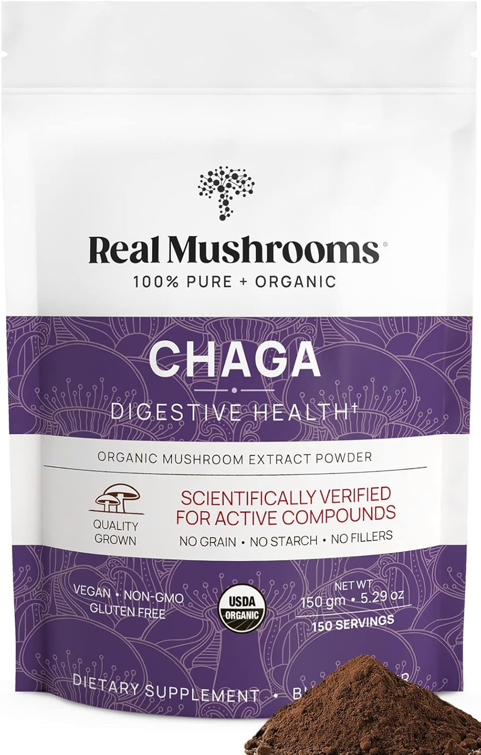 Real Mushrooms Chaga Powder - Organic Mushroom Supplement With Chaga Extract - Chaga Mushroom Powder For Digestion, Energy, & Immune Support - Vegan Mushroom Extract, Non-Gmo, 150 Servings