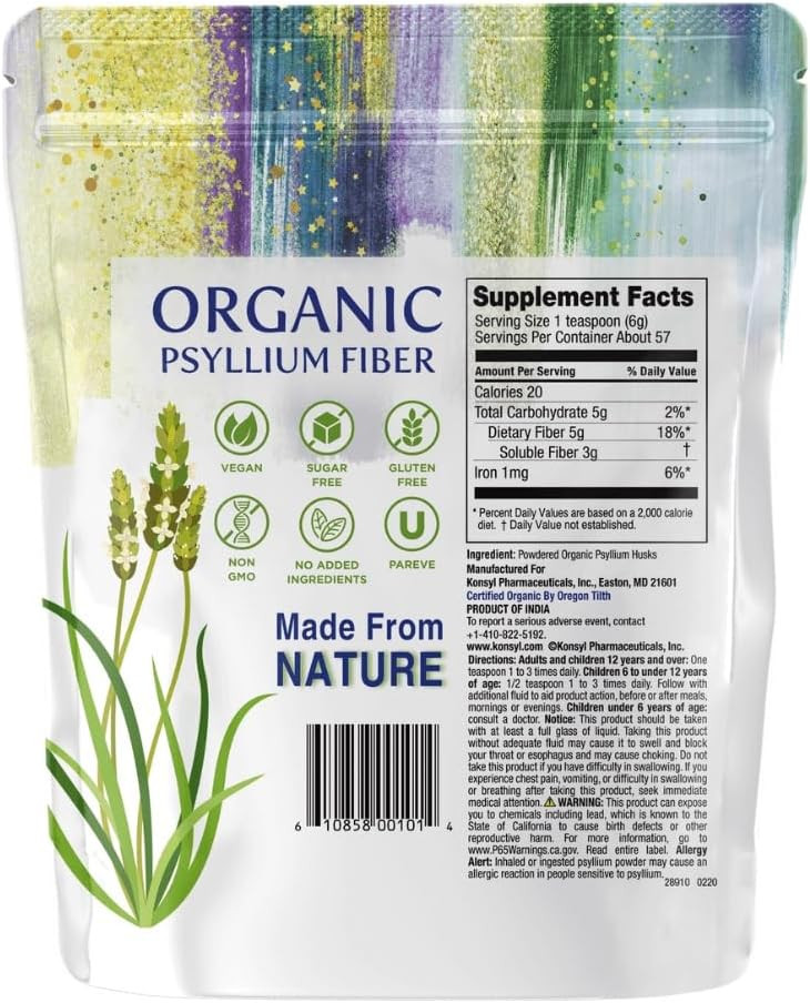 Konsyl Organic Psyllium Fiber - Usda Certified Psyllium Husk Daily Fiber Powder - All Natural Soluble Fiber, Gluten-Free & Sugar-Free - 340G Gusset Bag