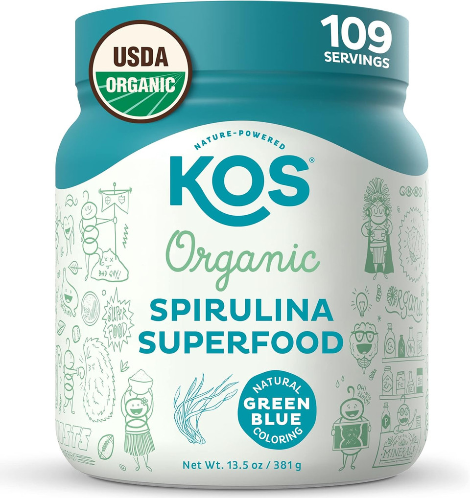 Kos Usda Organic Spirulina Powder - 100% Pure, Non-Irradiated Green Blue Superfood Powder, Plant Based Rich In Protein, Vitamins, Antioxidants & Fiber Natural Taste, 13.5Oz, 109 Servings Kos Usda Organic Spirulina Powder - 100% Pure, Non-Irradiated Green Blue Superfood Powder, Plant Based Rich In Protein, Vitamins, Antioxidants & Fiber Natural Taste, 13.5Oz, 109 Servings