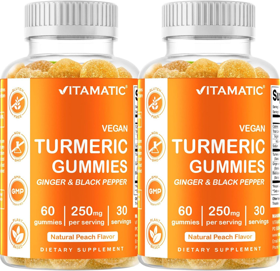 Vitamatic 2 Pack Turmeric Gummies With Ginger & Black Pepper Extract - 95% Curcuminoids - 60 Vegan Gummies