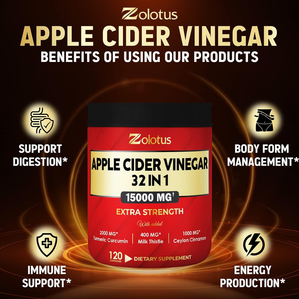 Zolotus 32 In 1 Apple Cider Vinegar Capsules, Equivalent To 15000Mg With Turmeric, Cinnamon, Milk Thistle, Elderberry, Quercetin, Best Supplement For Digestion, Immune 120 Capsules