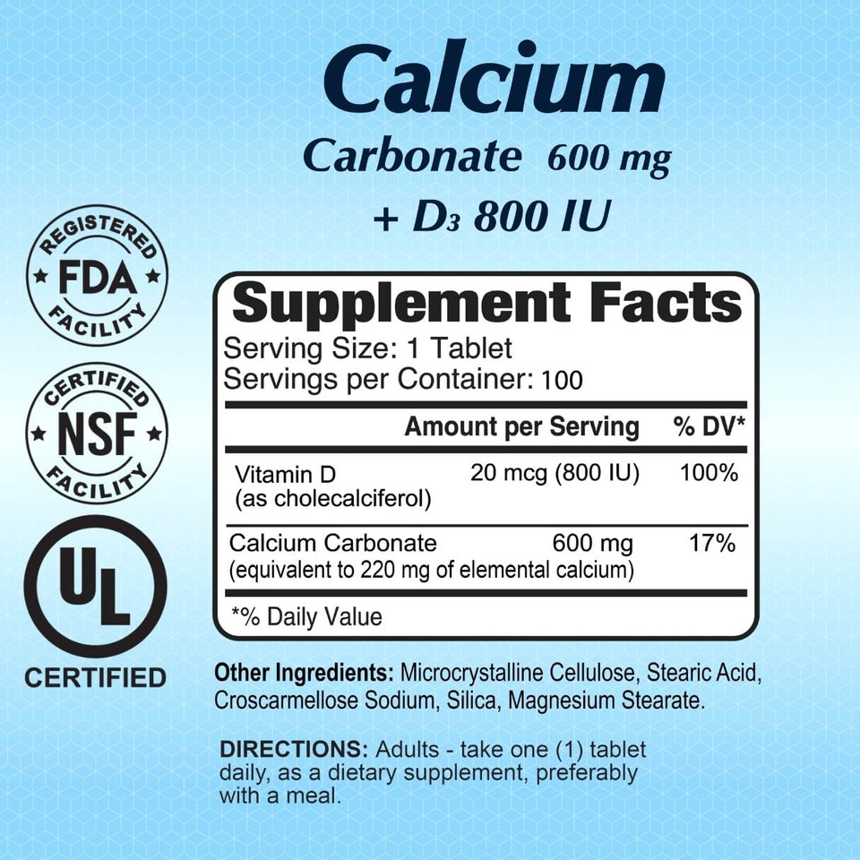 Calcium 600Mg + D3 Dietary Supplement By Alfa Vitamins - Promotes Healthy Bones - Healthy Teeth - Healthy Heart - Healthy Nervous System -100 Tablets