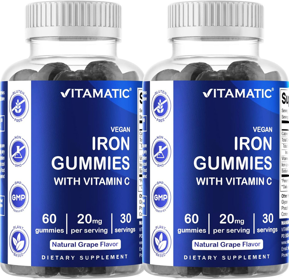 2 Pack Vitamatic Iron Gummies Supplement For Women & Men - 20Mg Serving - 60 Vegan Gummies - Great Tasting Iron Gummy Vitamins With Vitamin C (Total 120 Gummies)