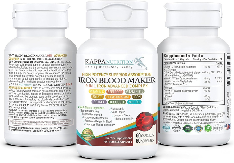 Kappa Nutrition (60 Capsules), Iron 26Mg, Vitamin C & Orange 150Mg, Folate 667Mcg Dfe, Vitamin B12, Beetroot, Brewers Yeast, Broccoli & Mct Oil 9 In 1 Advanced Complex From