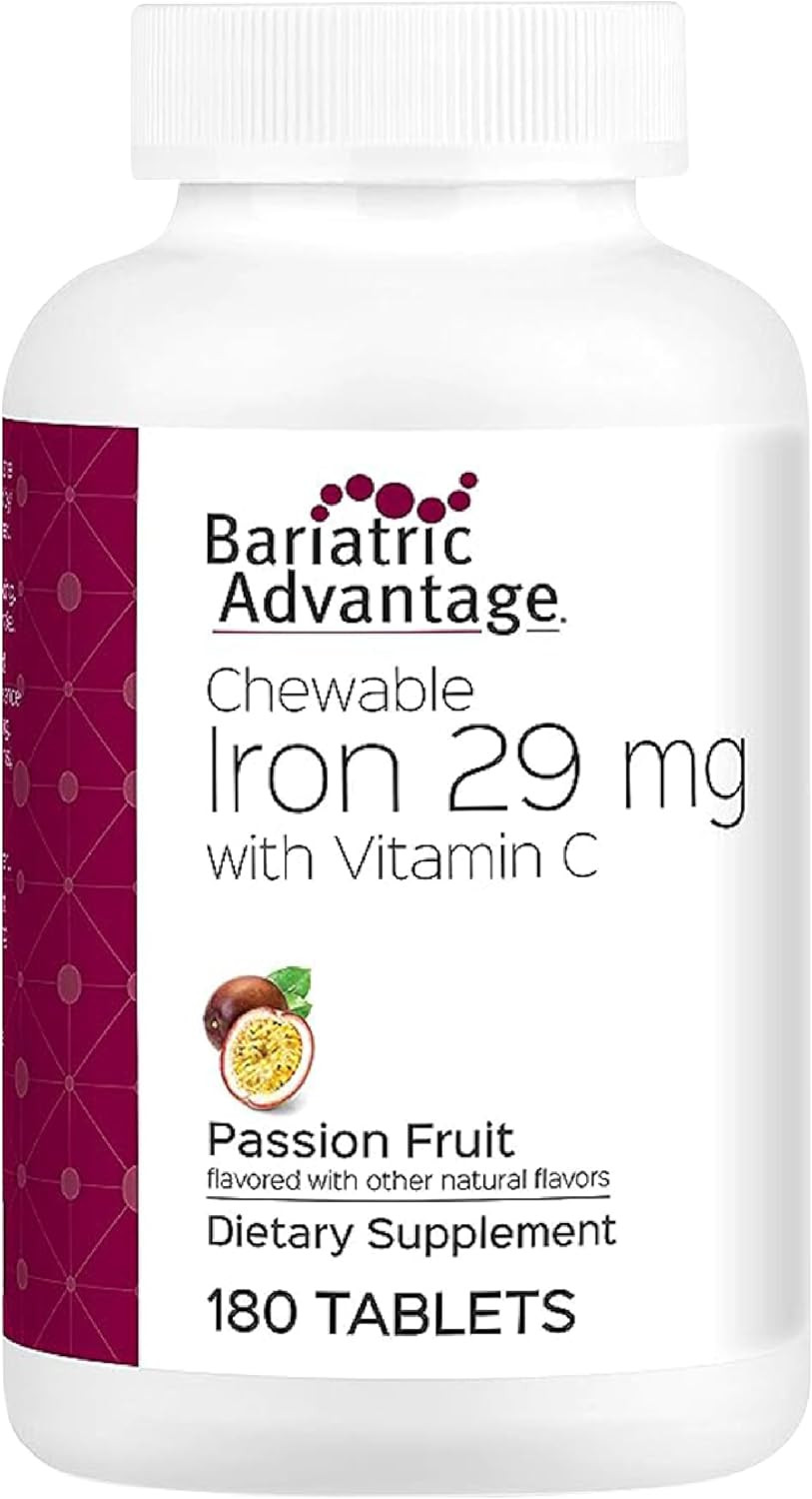 Bariatric Advantage Chewable Iron 29 Mg - For Bariatric Surgery Patients - Iron With Vitamin C - No Iron Taste - Ferrous Fumarate & Carbonyl Iron Supplement - Passion Fruit - 90 Count
