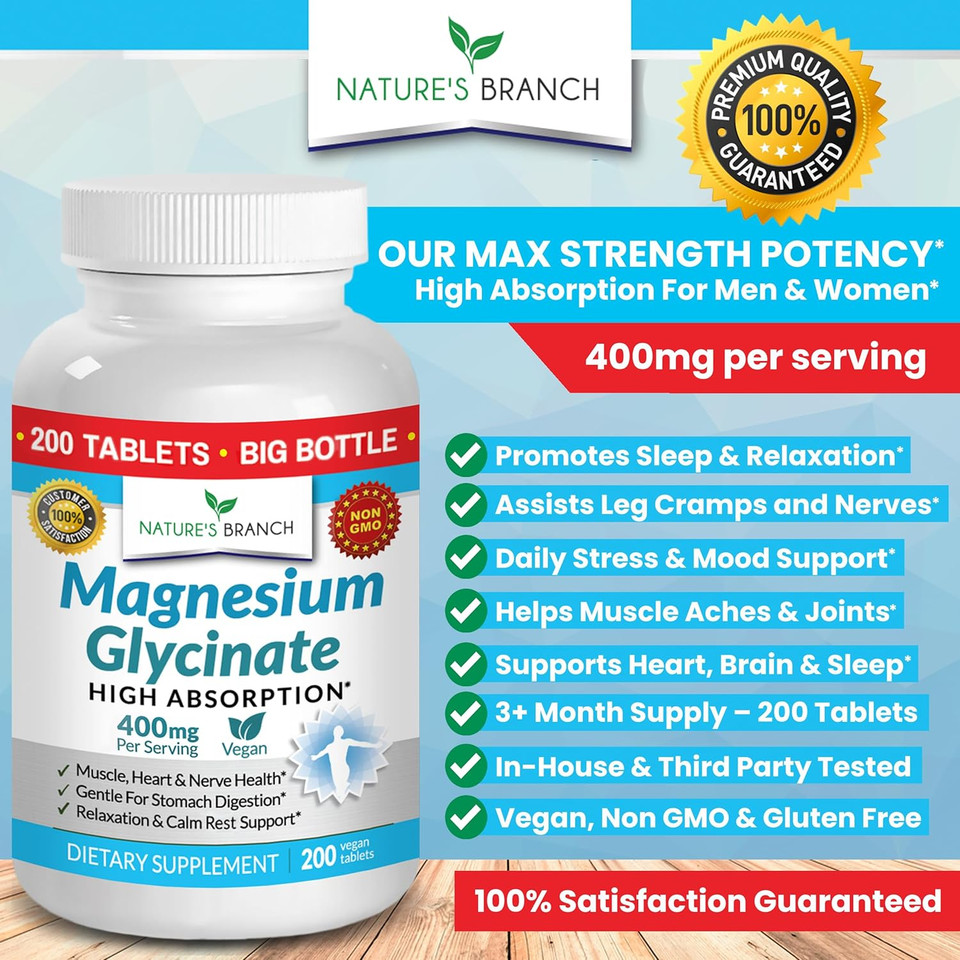 Magnesium Glycinate 400 Mg - 200 Tablets - High Absorption, Non Buffered Bisglycinate Mag Supplement For Sleep, Leg Cramps, Heart, Ease Muscles, Calm Headaches For Women And Men, Non Powder Capsules
