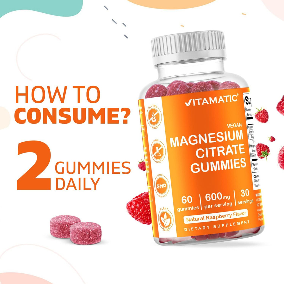 Vitamatic Magnesium Citrate Gummies 600Mg Per Serving - 60 Vegan Gummies - Promotes Healthy Relaxation, Muscle, Bone, & Energy Support (60 Gummies (Pack Of 1))