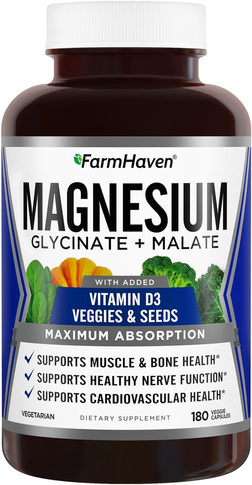 Farmhaven Magnesium Glycinate & Malate Complex W/Vitamin D3, 100% Chelated For Max Absorption, Vegetarian  Bone Health, Nerves, Muscles, 180 Capsules, 90 Days
