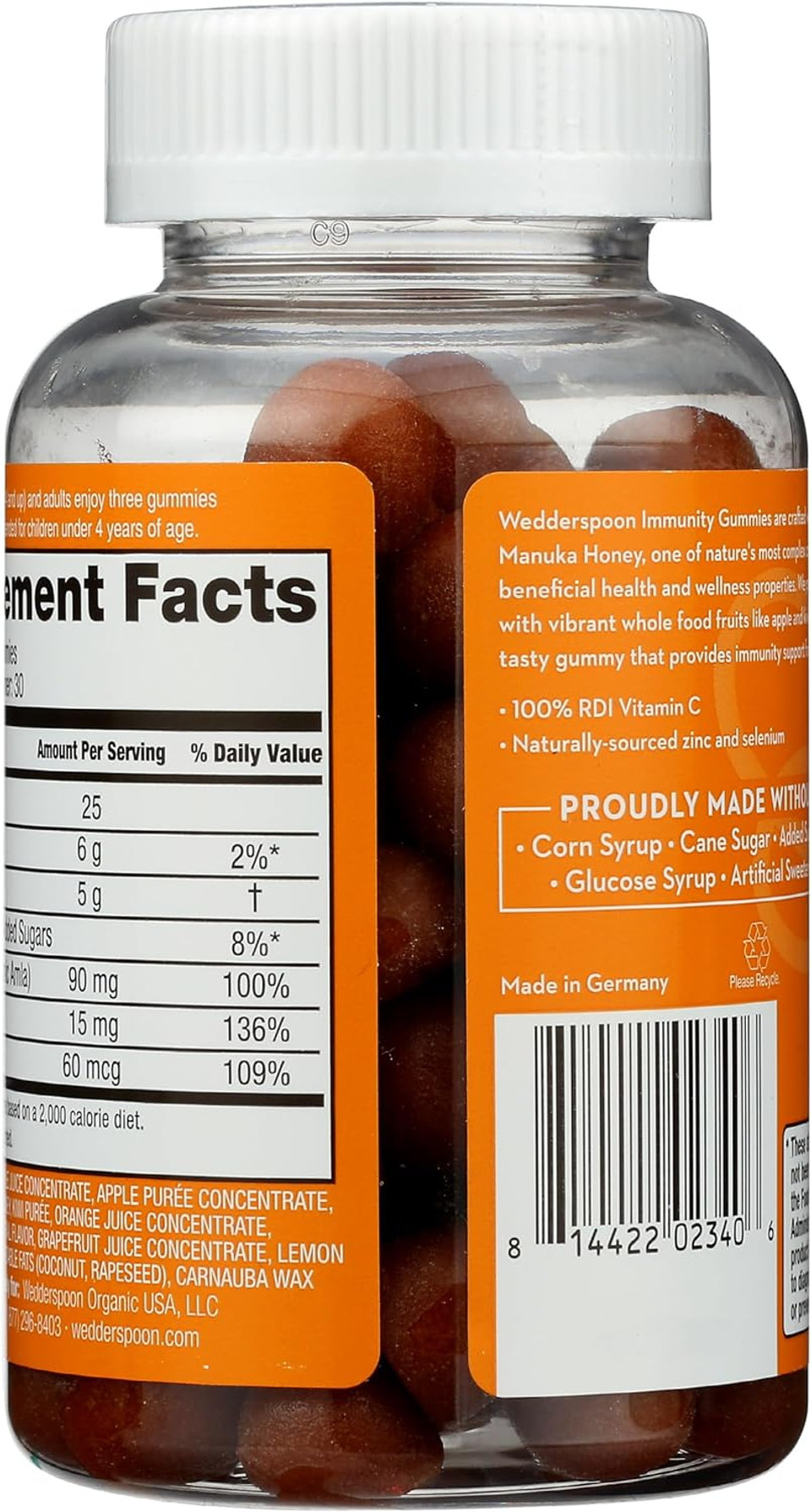 Wedderspoon Manuka Honey Immunity Gummies, Tangy Citrus, 90 Count | Chewable| Vitamin C & Zinc Support