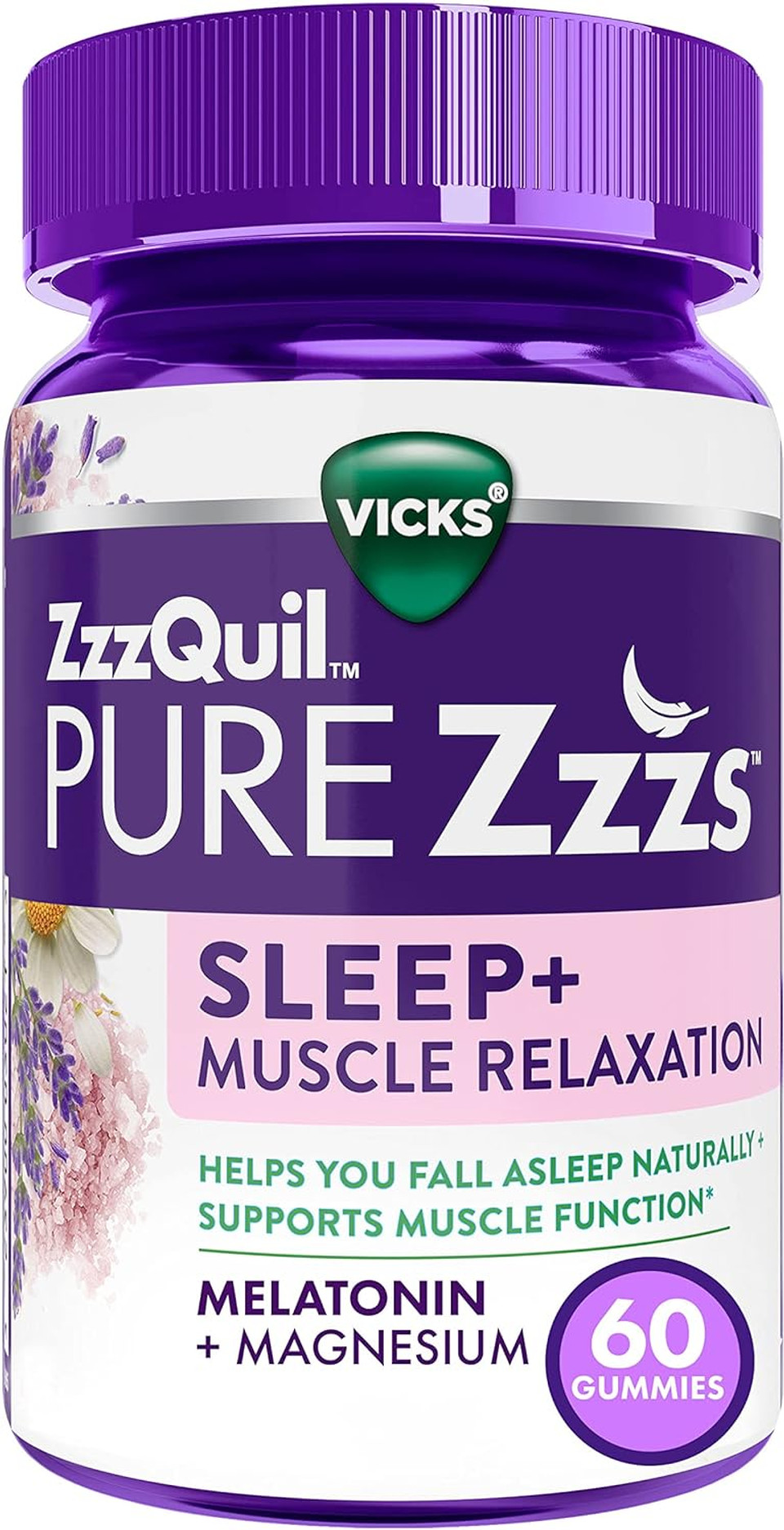 Vicks Zzzquil Pure Zzzs Sleep+ Muscle Relaxation Melatonin Sleep Aid Gummies, Supports Healthy Muscle Function, Melatonin + Magnesium, No Next-Day Grogginess, Drug-Free & Non-Habit Forming, 60Ct