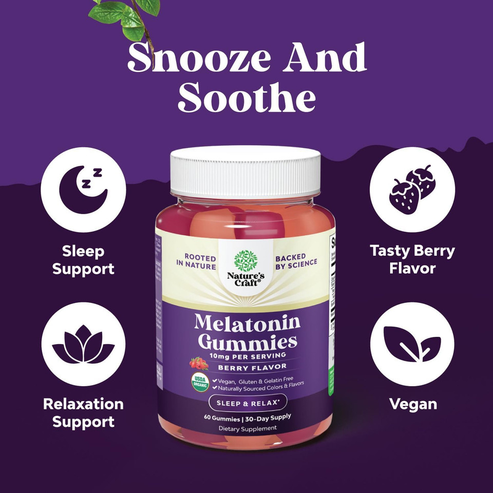 Organic Melatonin Gummies 10Mg Per Serving - Fast Acting Tasty Sleep Gummies For Adults Extra Strength Melatonin 10Mg For Adults Enhanced Sleep Quality & Duration - Non Gmo Organic & Vegan (30 Days)