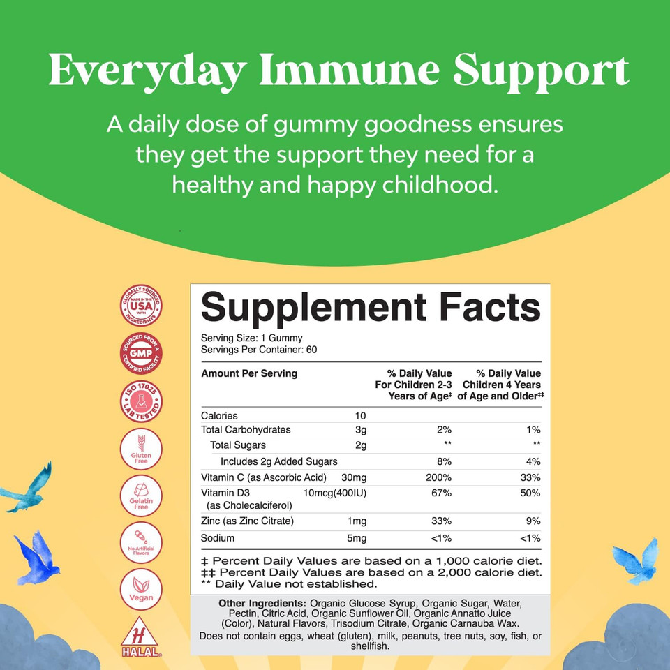 Organic Kids Immune Support Gummies - Vegan Organic Vitamin D Gummies for Kids with Vitamin C and Zinc for Kids Immunity - D3 Zinc and Vitamin C Gummies for Kids - Gluten Free & Non GMO (60 Servings)