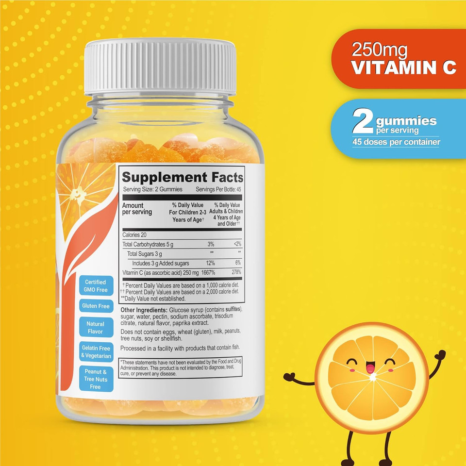 Doctors Finest Vitamin C Gummies For Kids  Vegan, Gmo Free & Gluten Free  Great Tasting Orange Flavor Pectin Chews  Kids Dietary Supplement  250Mg Of Vitamin C  90 Jellies [45 Doses]