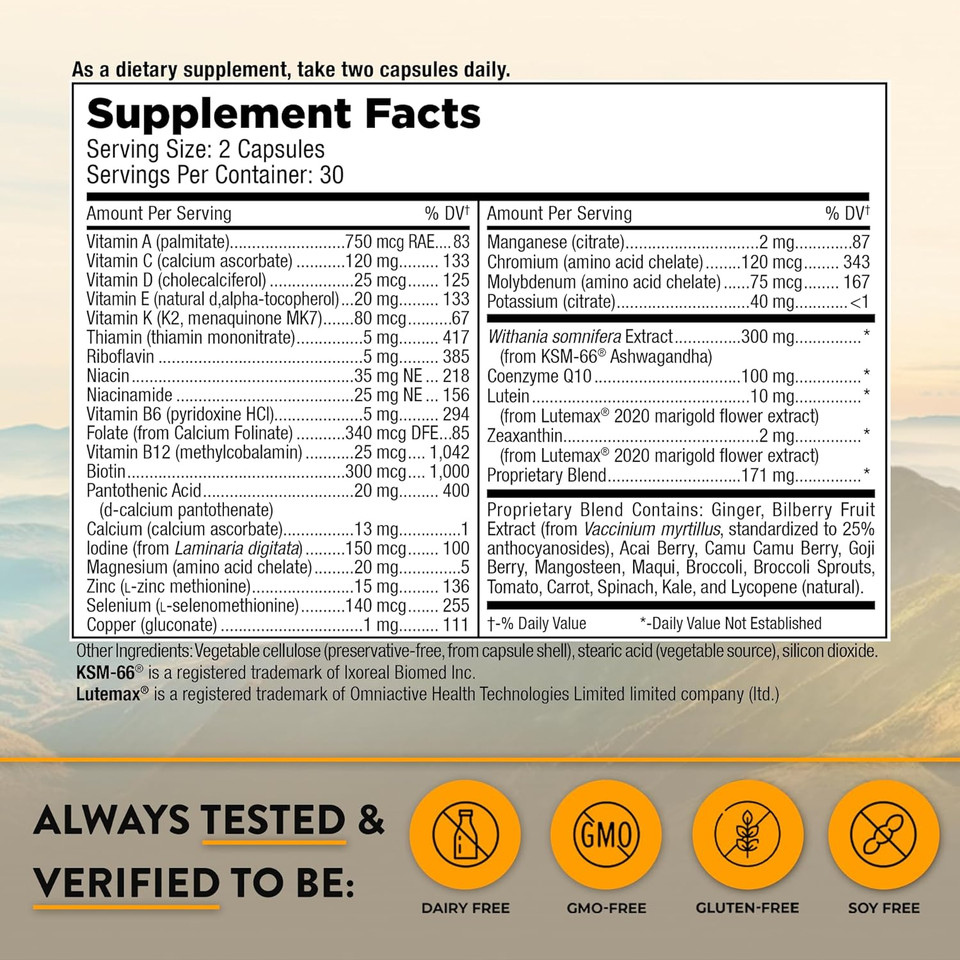 Mt. Angel Vitamins - Daily Mens Multivitamin 50+ Adult Formula With Iron, Calcium, Ksm-66 Ashwaganda, And A Potent Proprietary Herbal Blend Of The Best Mens Vitamins - 60 Count Capsules