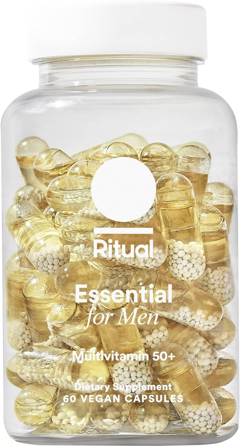 Image of a bottle of Ritual Multivitamin for Men 50+, containing 60 vegan capsules. Highlights immune function support with Zinc, Vitamin A, D3, Omega-3 DHA, B12, and K2. Gluten-free, non-GMO, and mint-essenced for a fresh experience. 30-day supply.