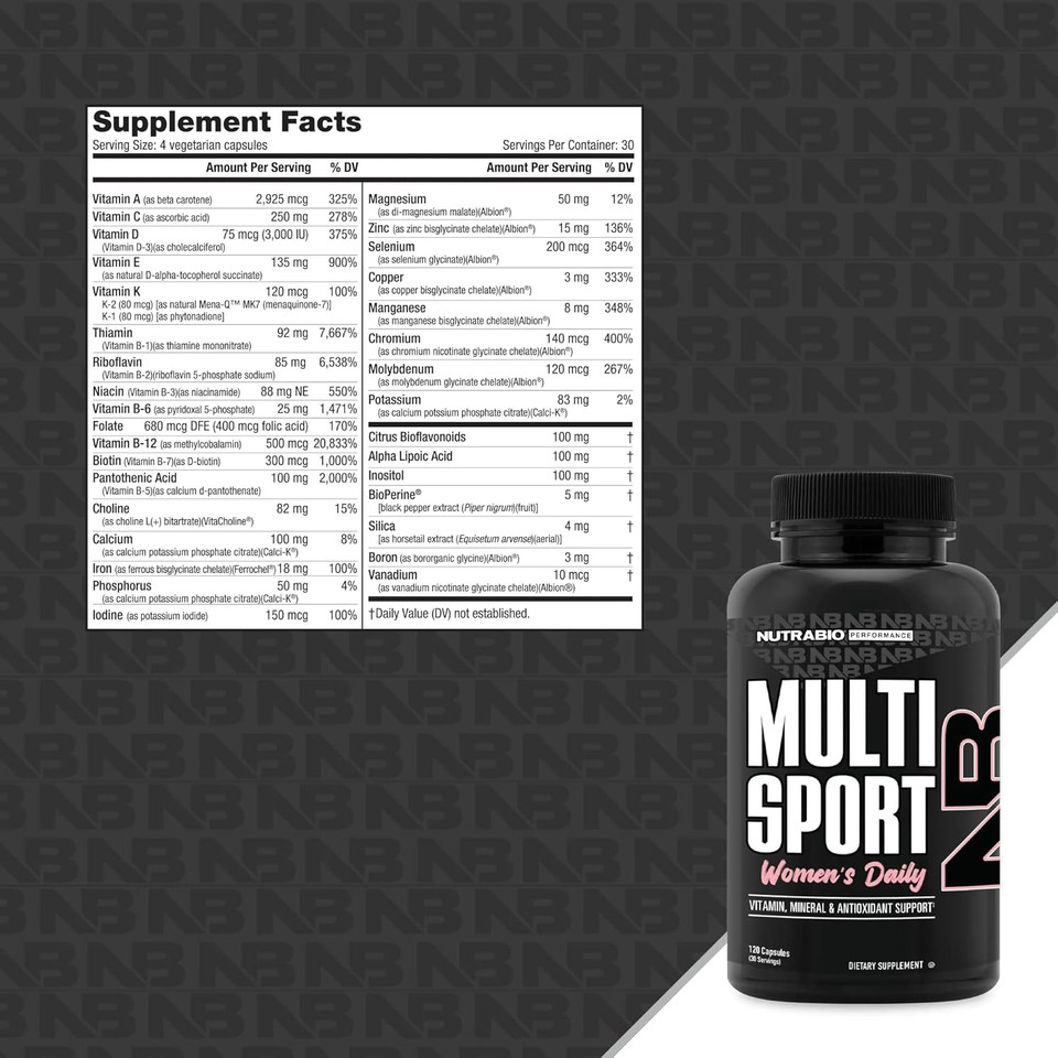 Nutrabio Multisport For Women - Womens Multivitamin - 33 Vitamins, Minerals, Micronutrients - Rich In Antioxidants - Supports Peak Athletic Performance, Energy, Metabolism (120 Vegetable Capsules) Nutrabio Multisport For Women - Womens Multivitamin - 33 Vitamins, Minerals, Micronutrients - Rich In Antioxidants - Supports Peak Athletic Performance, Energy, Metabolism (120 Vegetable Capsules)
