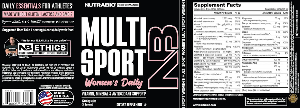 Nutrabio Multisport For Women - Womens Multivitamin - 33 Vitamins, Minerals, Micronutrients - Rich In Antioxidants - Supports Peak Athletic Performance, Energy, Metabolism (120 Vegetable Capsules) Nutrabio Multisport For Women - Womens Multivitamin - 33 Vitamins, Minerals, Micronutrients - Rich In Antioxidants - Supports Peak Athletic Performance, Energy, Metabolism (120 Vegetable Capsules)
