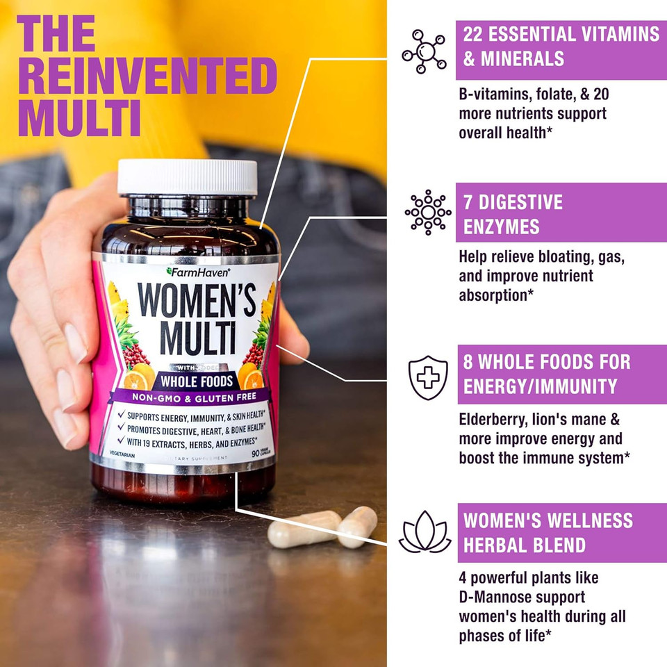 Farmhaven Multivitamin For Women | 22 Essential Nutrients, Fruits & Veggies Womens Multivitamin | Whole Food Multivitamin Boosts Energy, Immune, Heart Health | Womens Daily Vitamins - 90 Capsules