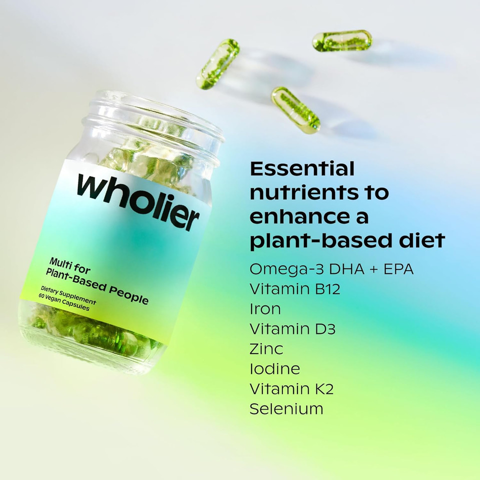 Wholier Plant Based Multivitamin Vegan Omega-3 Dha Epa, Vitamin D, Vitamin B12, Zinc, Vitamin K2, Iron, Iodine, Selenium. 60 Count (30-Day Supply) Glass Bottle